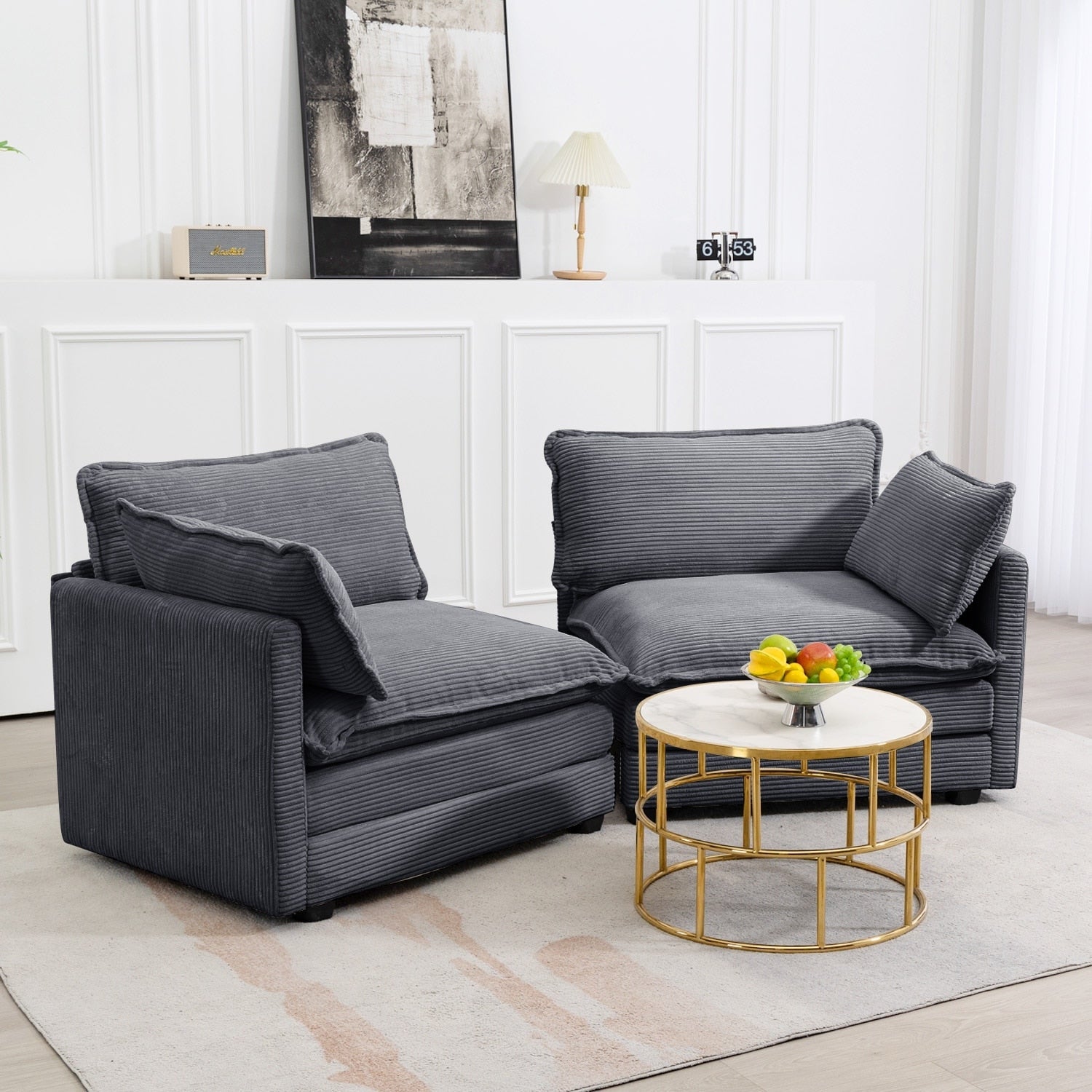 Canapé d'angle en velours côtelé avec poufs amovibles et coussins ultra-doux pour salon et chambre