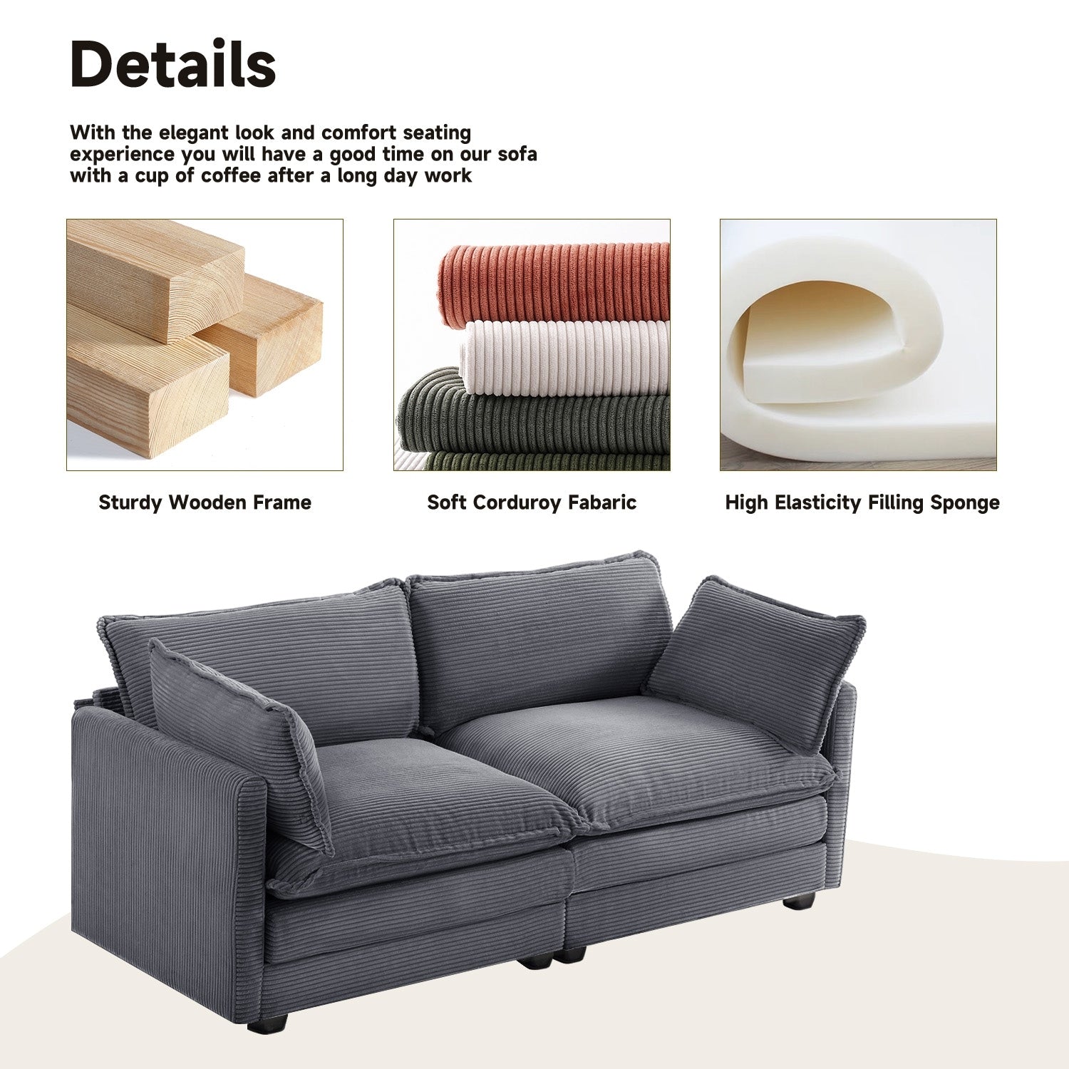 Canapé d'angle en velours côtelé avec poufs amovibles et coussins ultra-doux pour salon et chambre