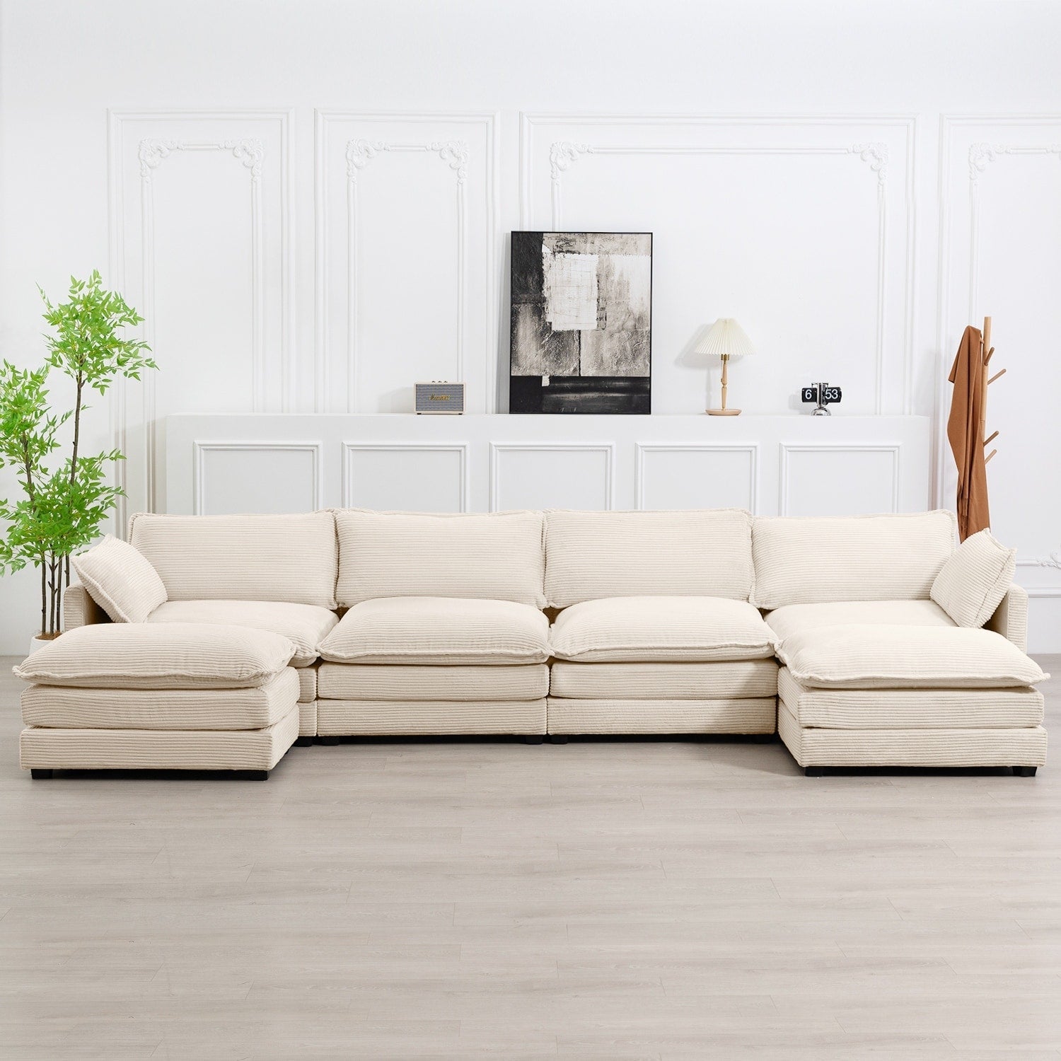 Canapé d'angle en velours côtelé avec poufs amovibles et coussins ultra-doux pour salon et chambre