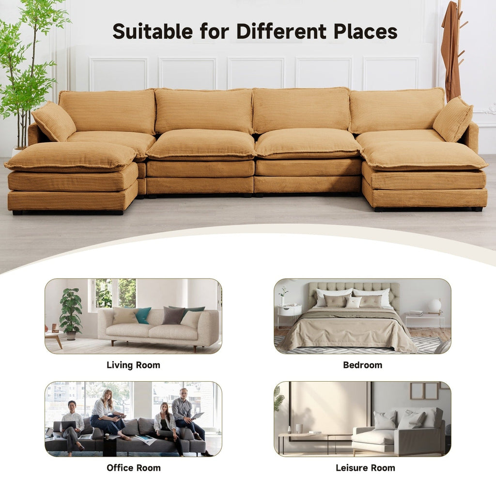 Canapé d'angle en velours côtelé avec poufs amovibles et coussins ultra-doux pour salon et chambre