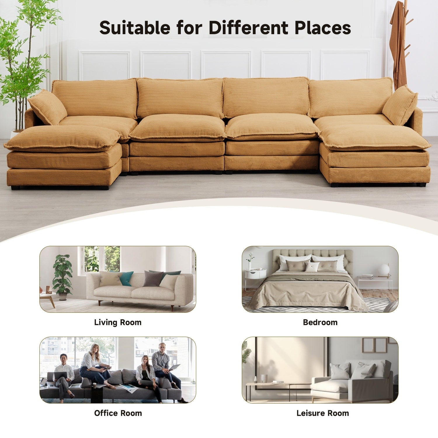 Canapé d'angle en velours côtelé avec poufs amovibles et coussins ultra-doux pour salon et chambre
