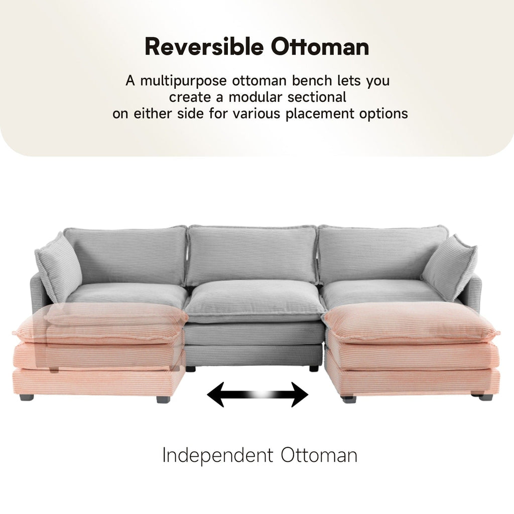 Canapé d'angle en velours côtelé avec poufs amovibles et coussins ultra-doux pour salon et chambre