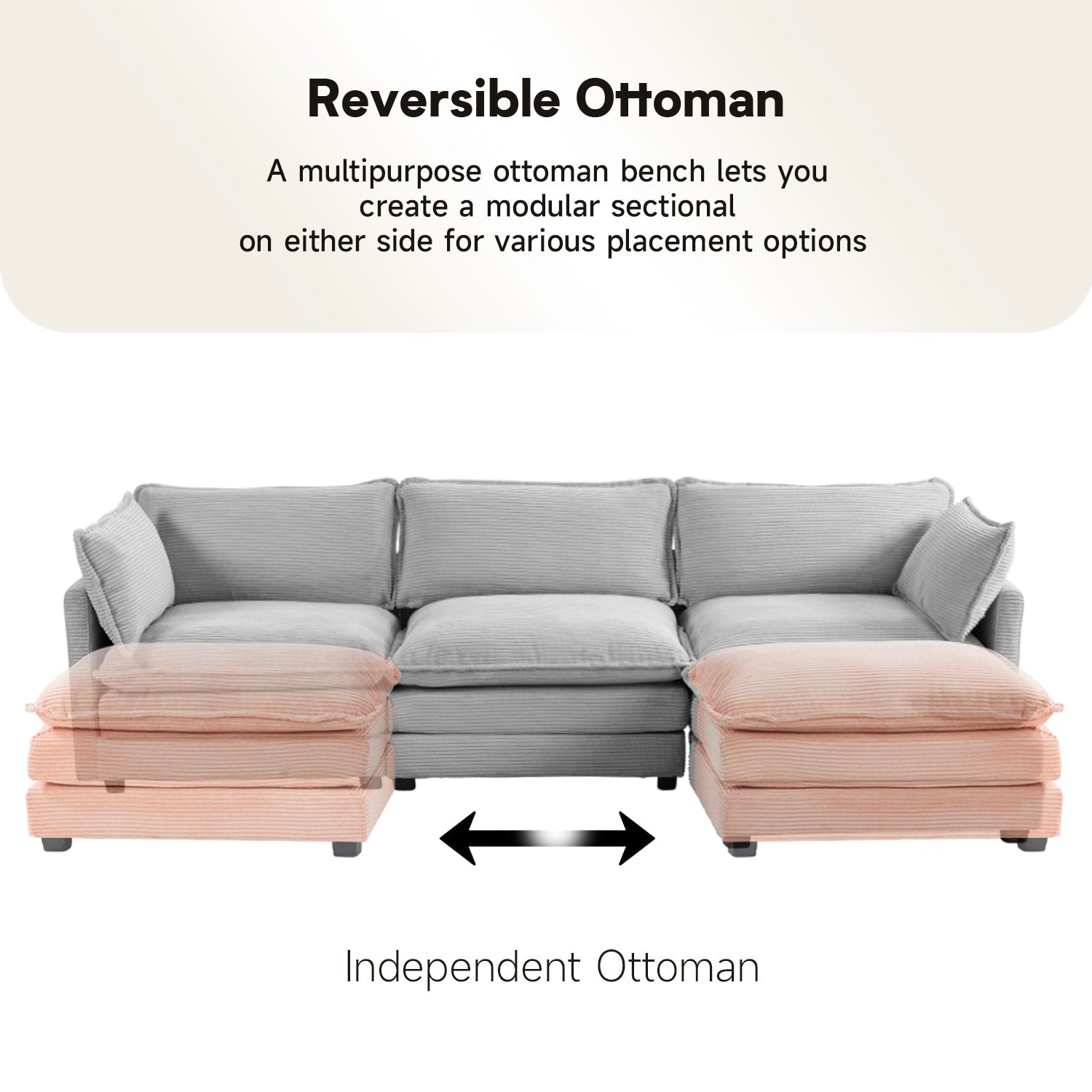 Canapé d'angle en velours côtelé avec poufs amovibles et coussins ultra-doux pour salon et chambre