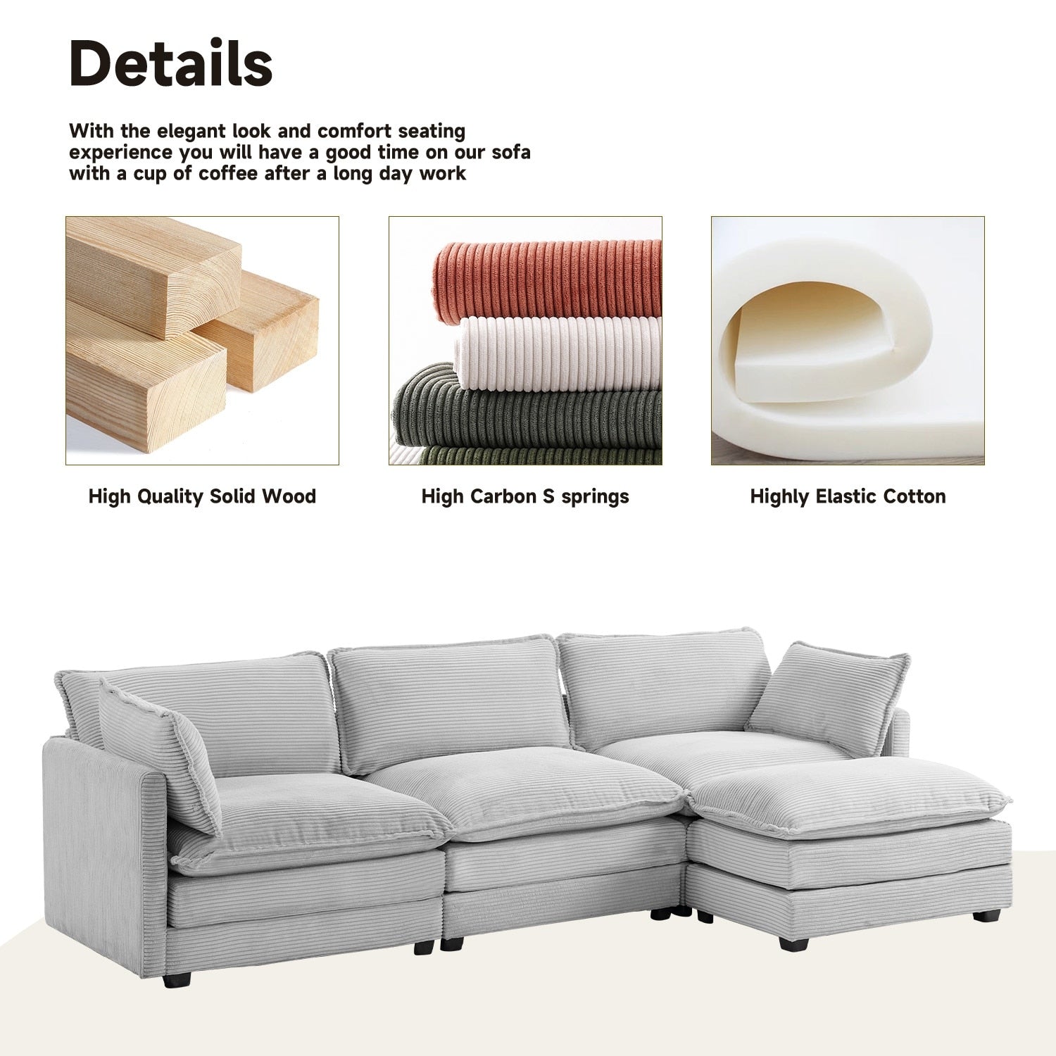 Canapé d'angle en velours côtelé avec poufs amovibles et coussins ultra-doux pour salon et chambre