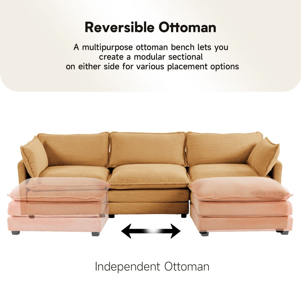Canapé d'angle en velours côtelé avec poufs amovibles et coussins ultra-doux pour salon et chambre