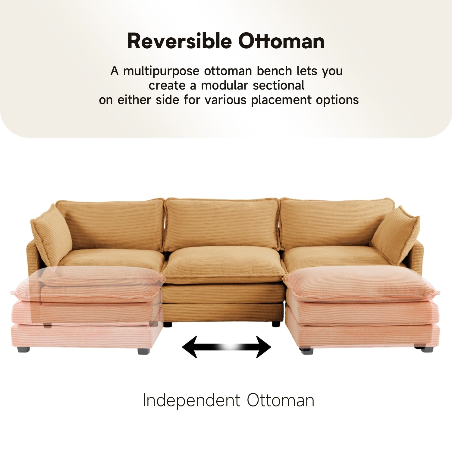 Canapé d'angle en velours côtelé avec poufs amovibles et coussins ultra-doux pour salon et chambre