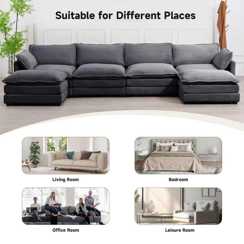 Canapé d'angle en velours côtelé avec poufs amovibles et coussins ultra-doux pour salon et chambre