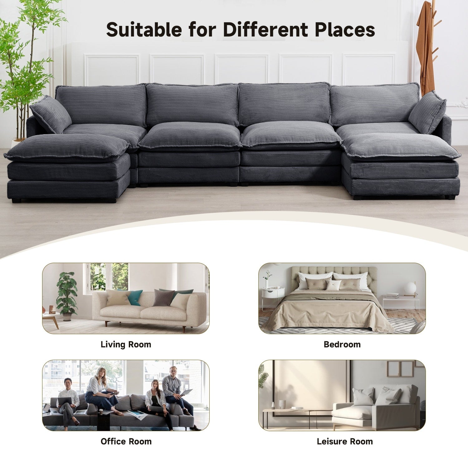 Canapé d'angle en velours côtelé avec poufs amovibles et coussins ultra-doux pour salon et chambre