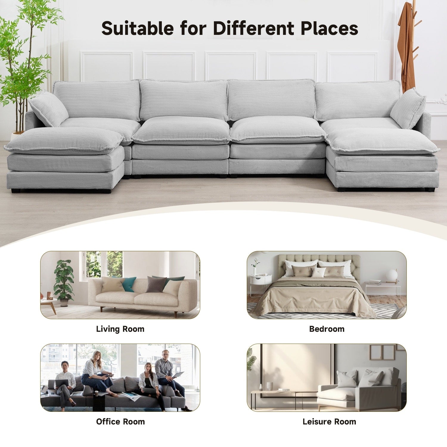 Canapé d'angle en velours côtelé avec poufs amovibles et coussins ultra-doux pour salon et chambre