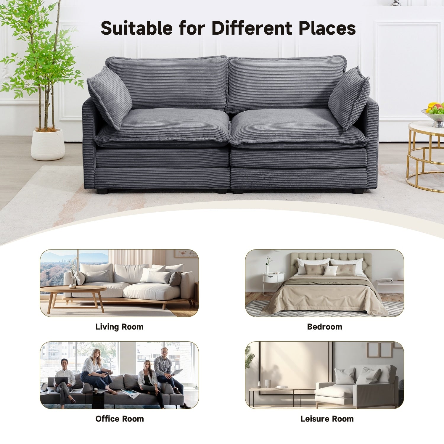 Canapé d'angle en velours côtelé avec poufs amovibles et coussins ultra-doux pour salon et chambre