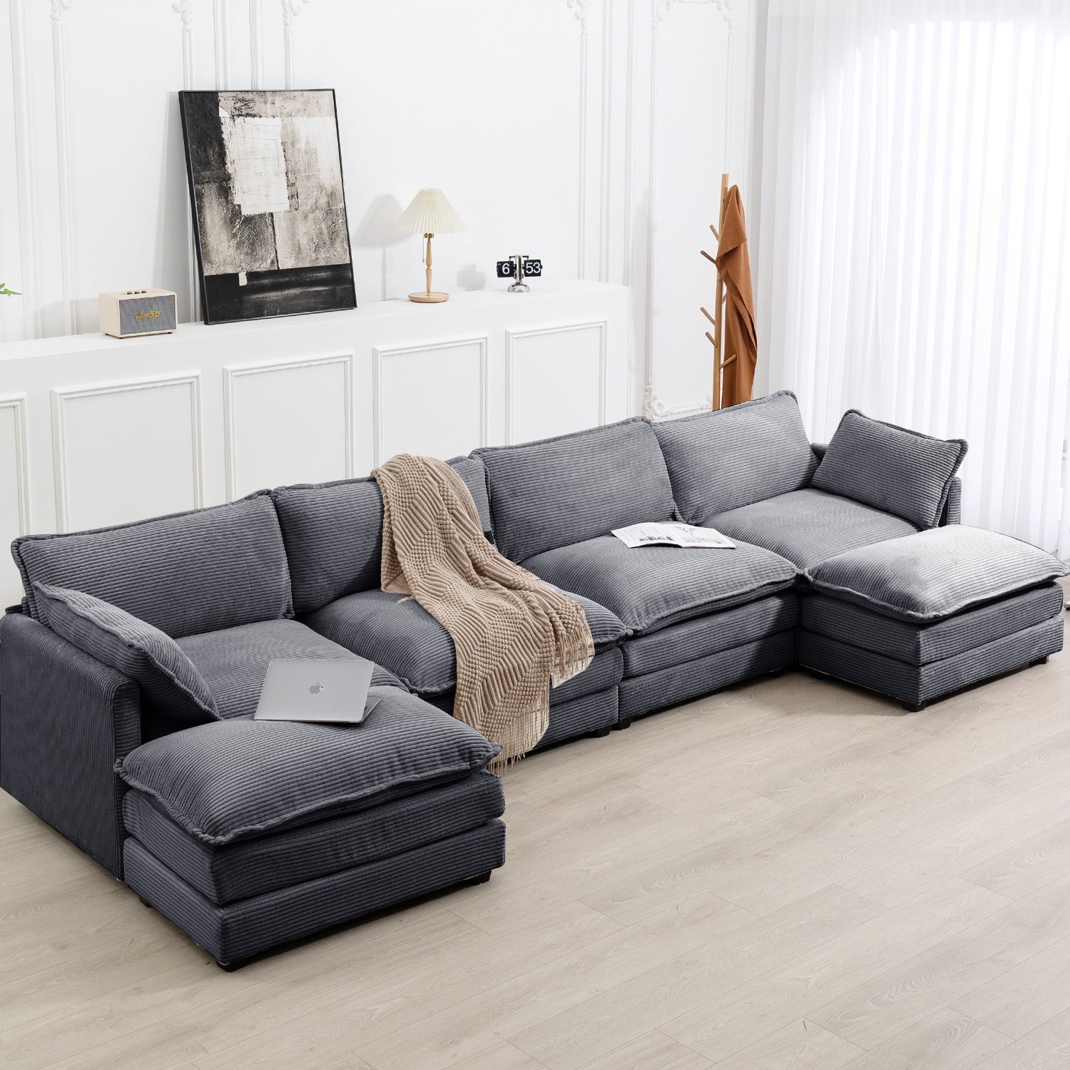 Canapé d'angle en velours côtelé avec poufs amovibles et coussins ultra-doux pour salon et chambre