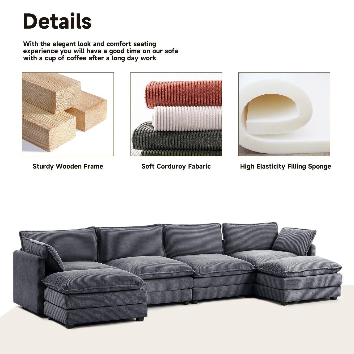 Canapé d'angle en velours côtelé avec poufs amovibles et coussins ultra-doux pour salon et chambre