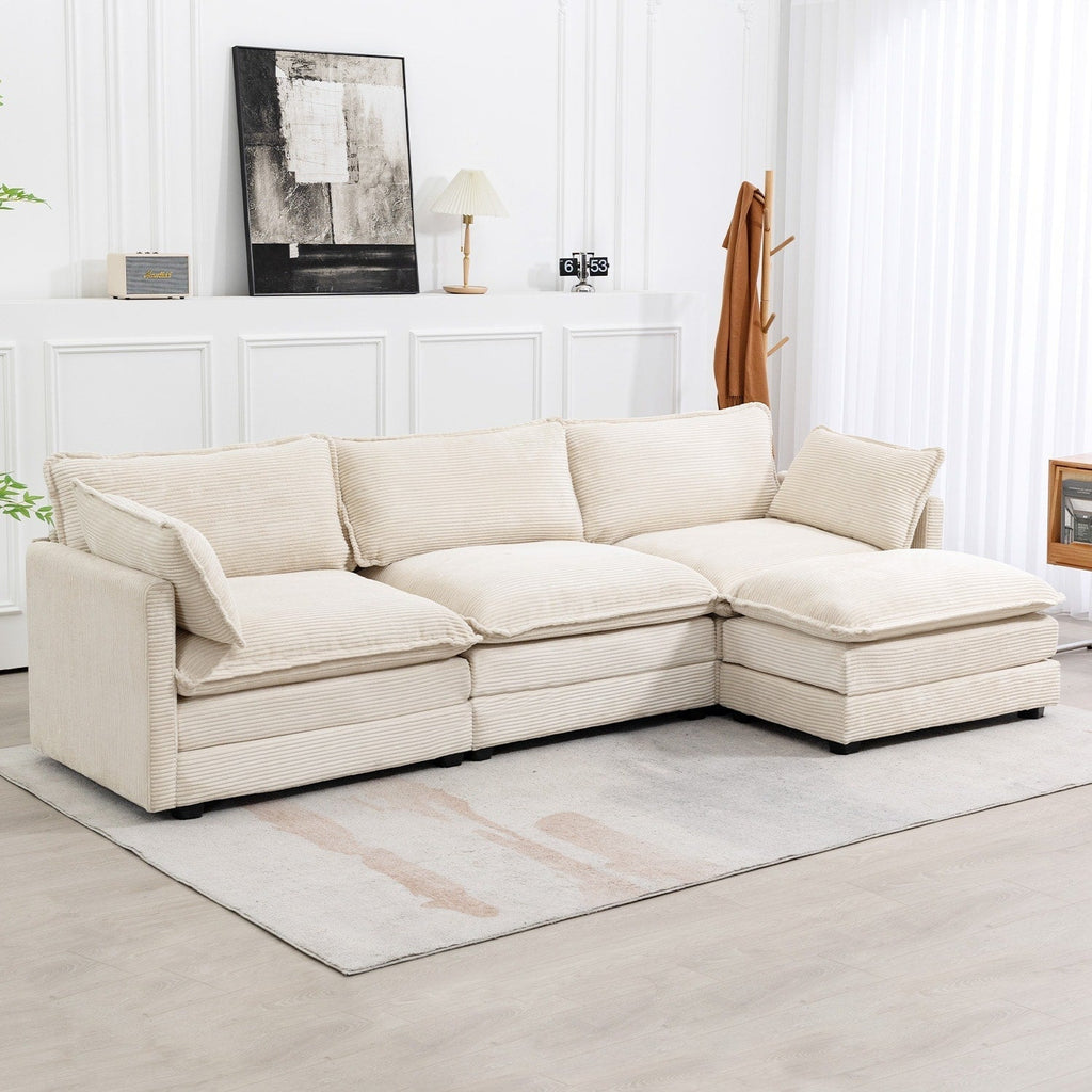 Canapé d'angle en velours côtelé avec poufs amovibles et coussins ultra-doux pour salon et chambre