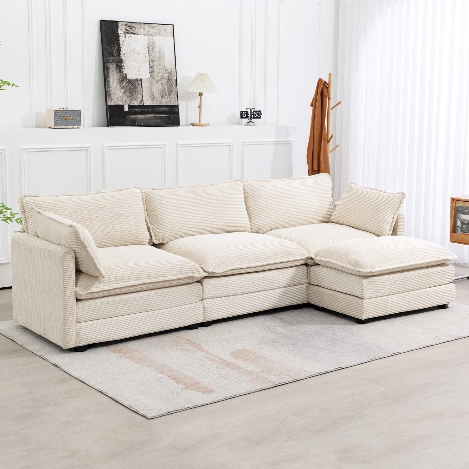 Canapé d'angle en velours côtelé avec poufs amovibles et coussins ultra-doux pour salon et chambre