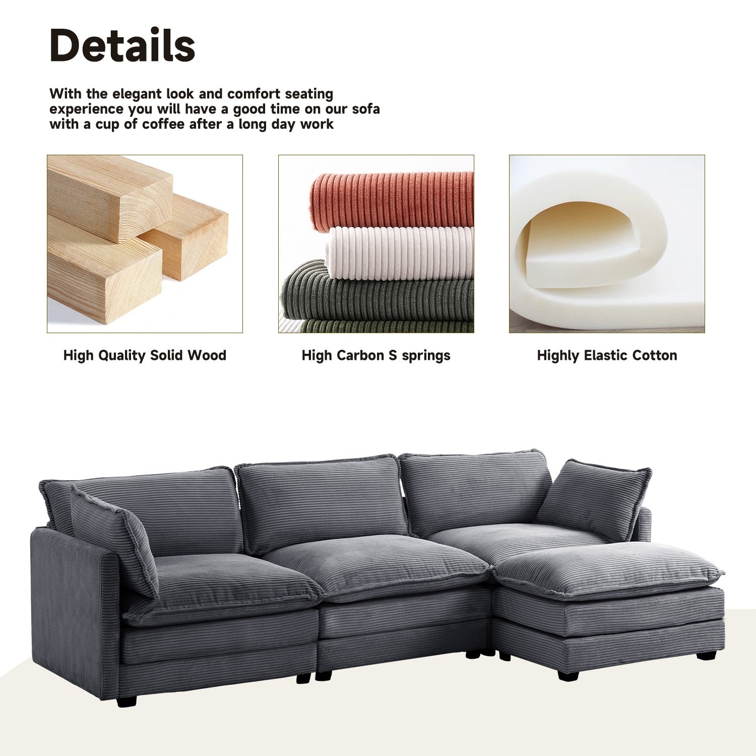 Canapé d'angle en velours côtelé avec poufs amovibles et coussins ultra-doux pour salon et chambre