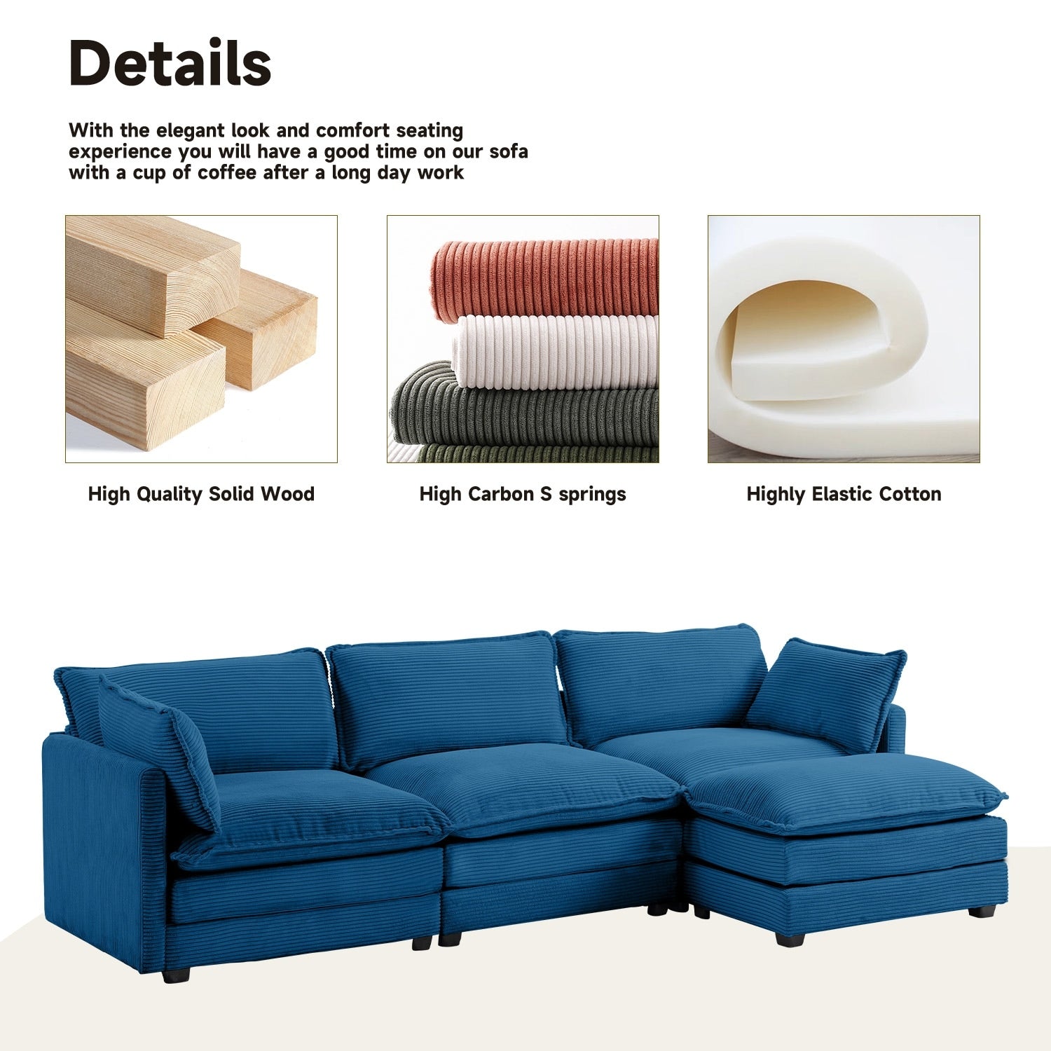 Canapé d'angle en velours côtelé avec poufs amovibles et coussins ultra-doux pour salon et chambre