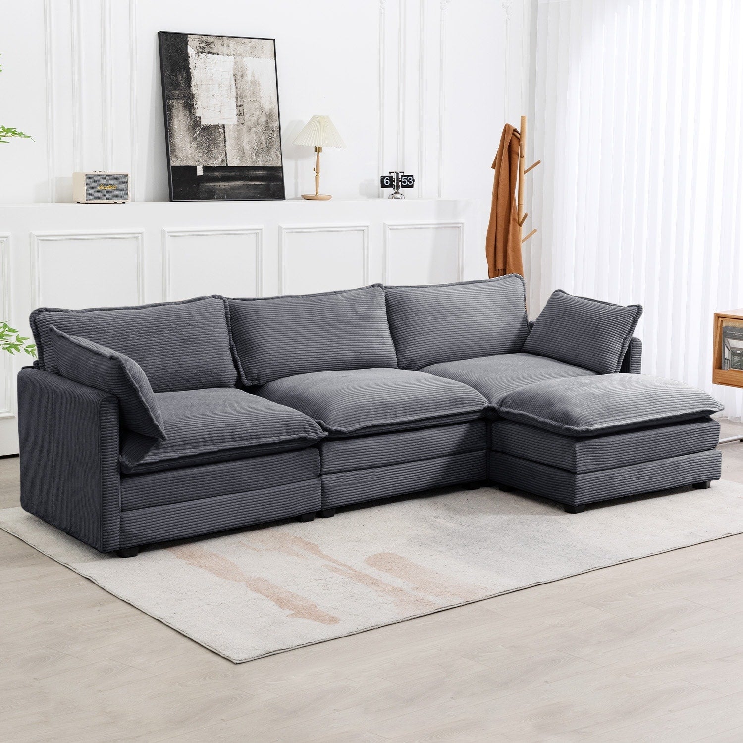 Canapé d'angle en velours côtelé avec poufs amovibles et coussins ultra-doux pour salon et chambre