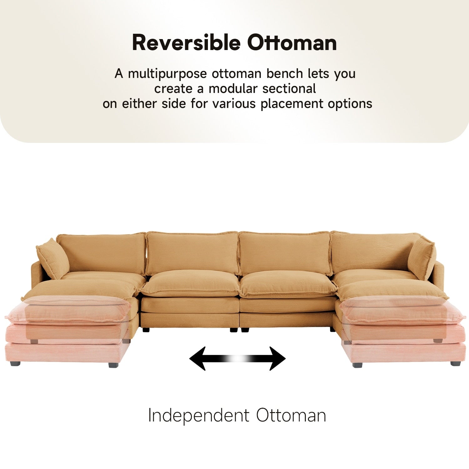 Canapé d'angle en velours côtelé avec poufs amovibles et coussins ultra-doux pour salon et chambre
