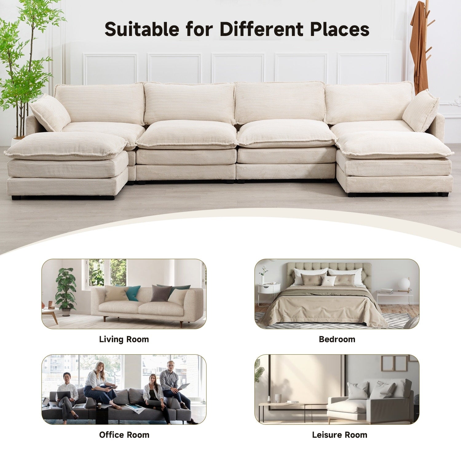 Canapé d'angle en velours côtelé avec poufs amovibles et coussins ultra-doux pour salon et chambre