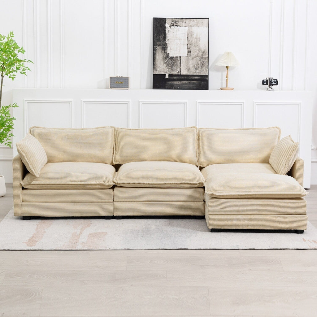 Canapé d'angle en velours côtelé avec poufs amovibles et coussins ultra-doux pour salon et chambre
