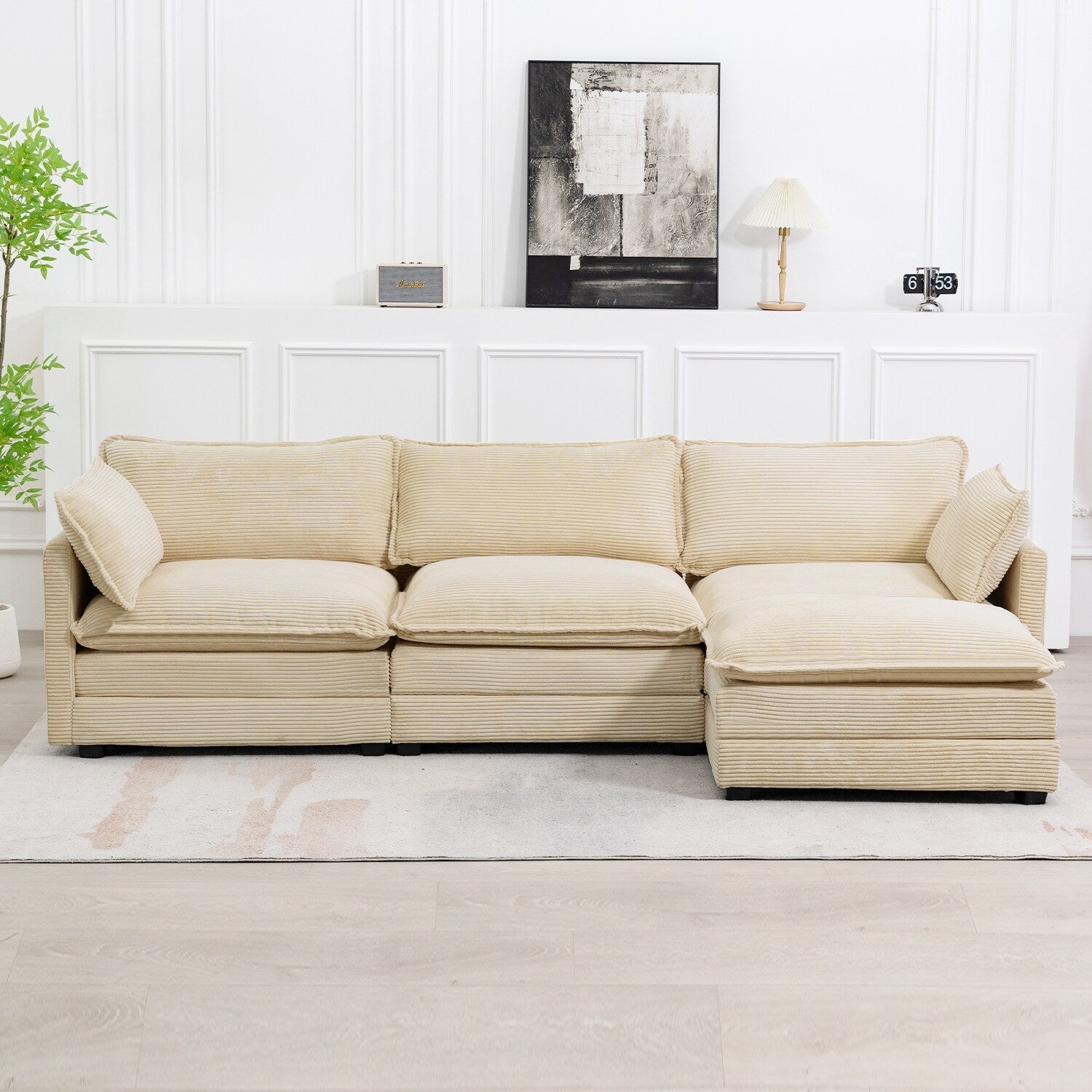Canapé d'angle en velours côtelé avec poufs amovibles et coussins ultra-doux pour salon et chambre