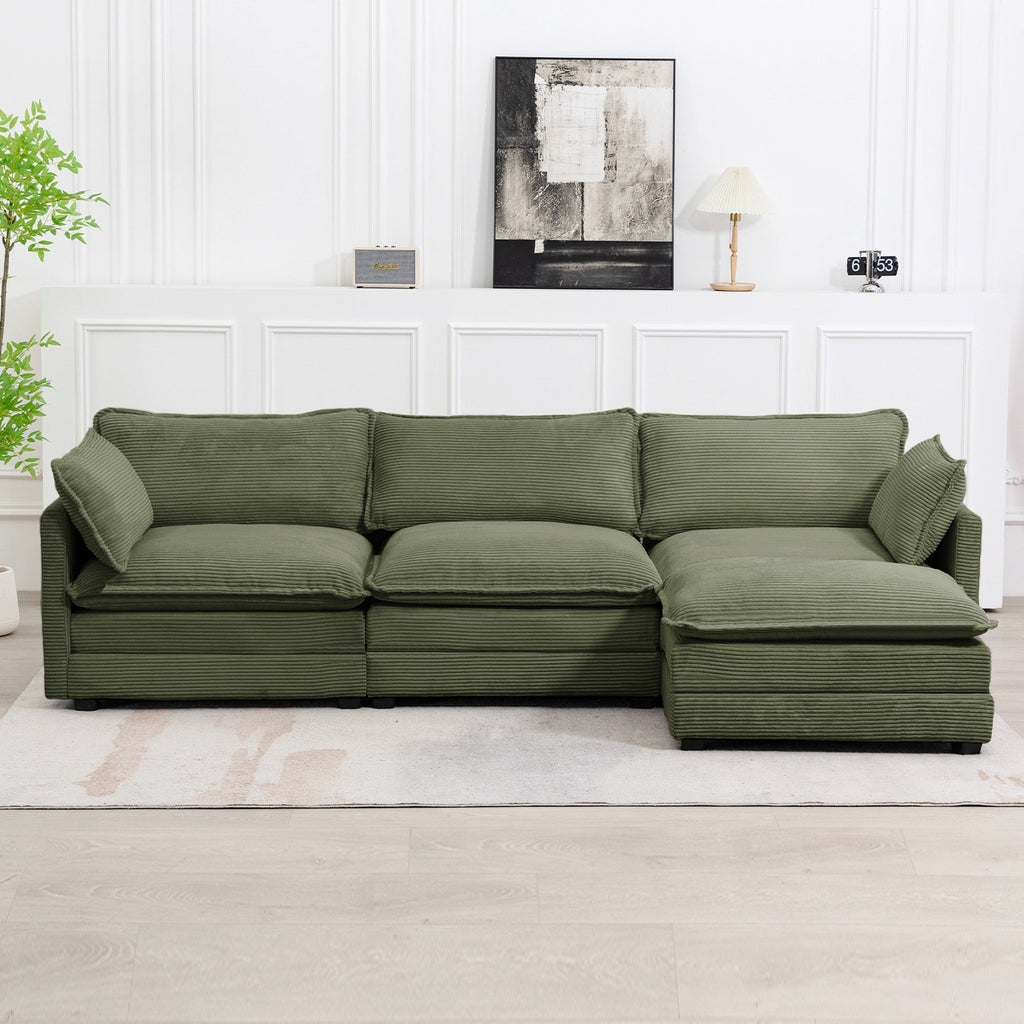 Canapé d'angle en velours côtelé avec poufs amovibles et coussins ultra-doux pour salon et chambre