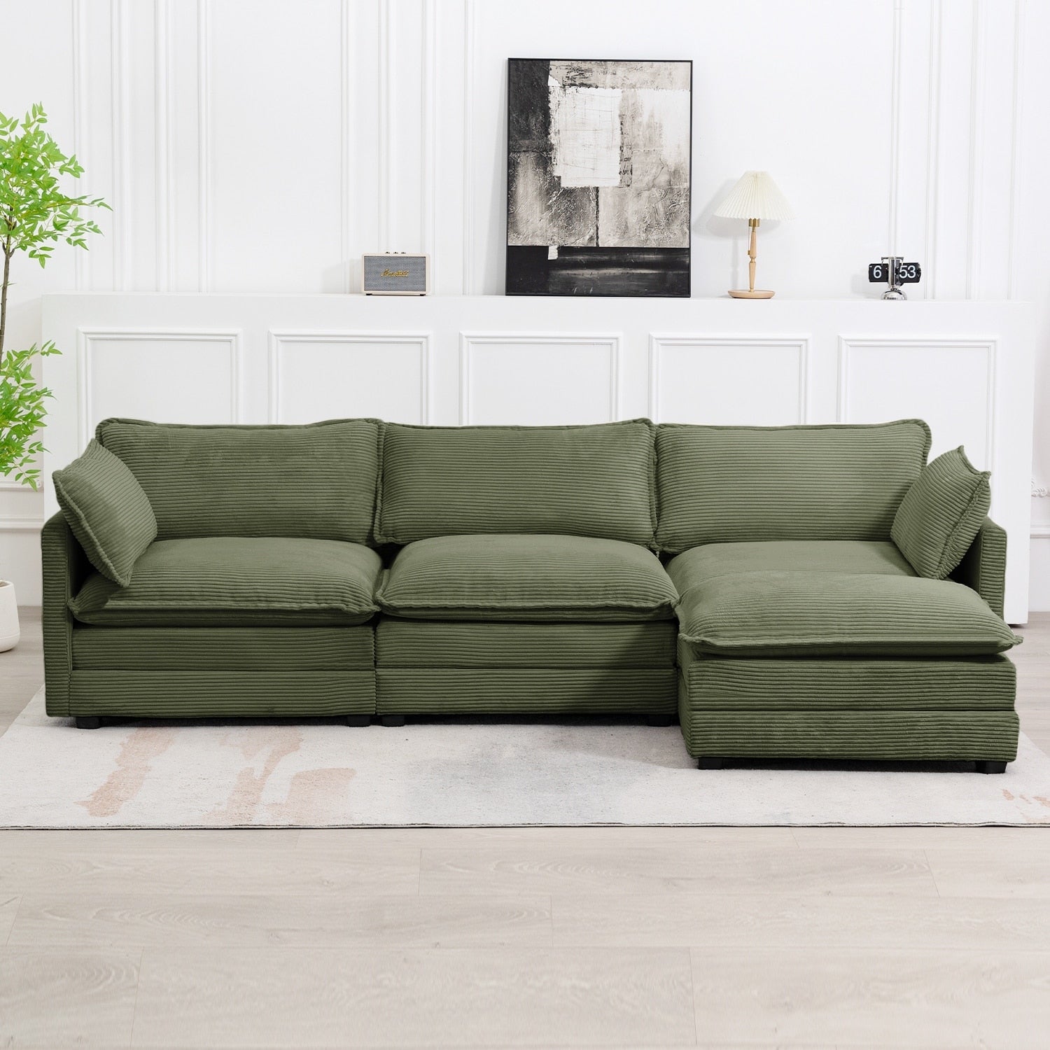 Canapé d'angle en velours côtelé avec poufs amovibles et coussins ultra-doux pour salon et chambre