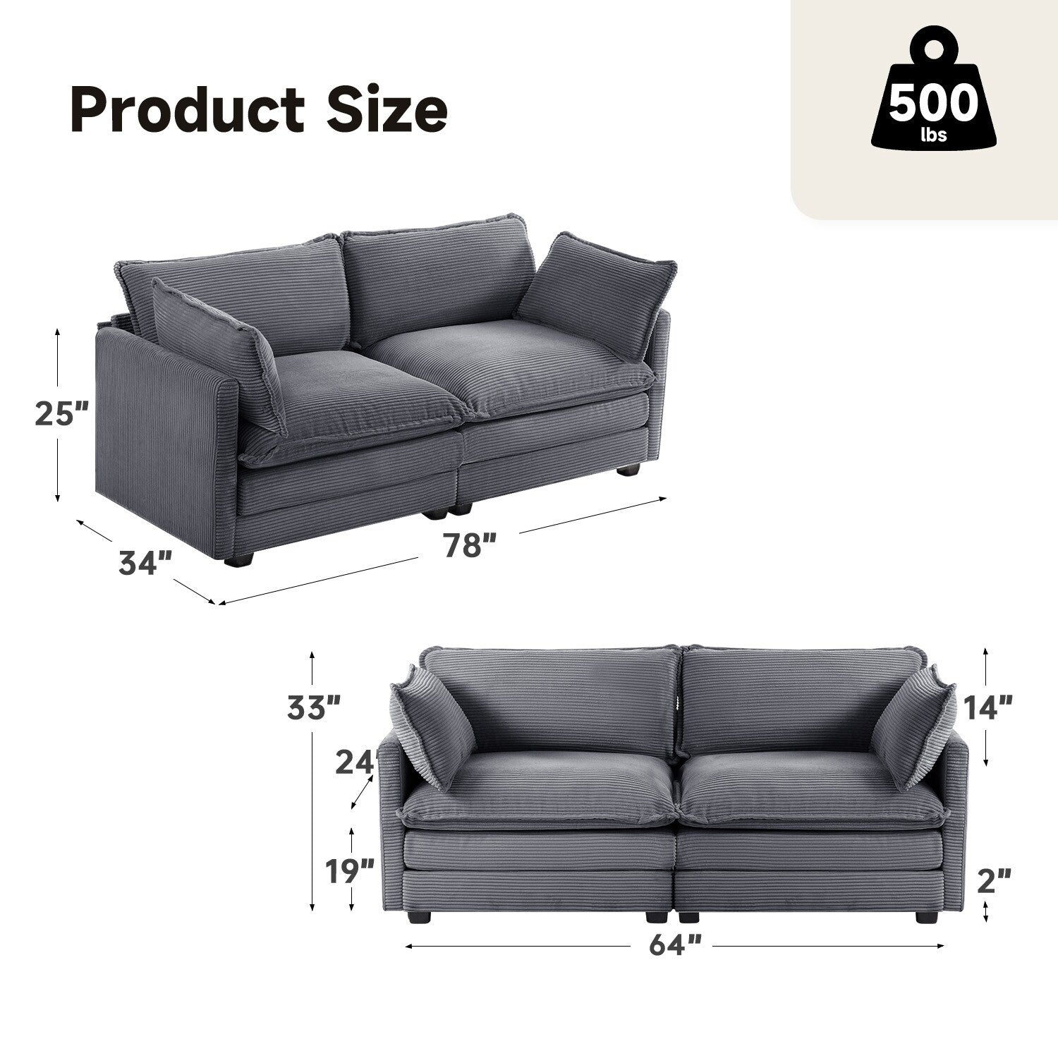 Canapé d'angle en velours côtelé avec poufs amovibles et coussins ultra-doux pour salon et chambre