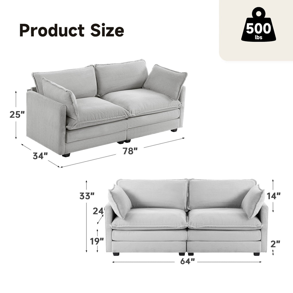 Canapé d'angle en velours côtelé avec poufs amovibles et coussins ultra-doux pour salon et chambre