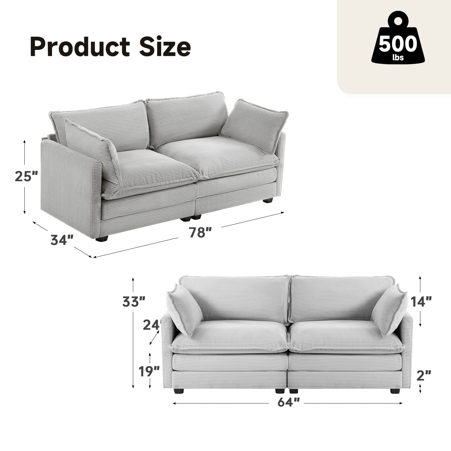 Canapé d'angle en velours côtelé avec poufs amovibles et coussins ultra-doux pour salon et chambre