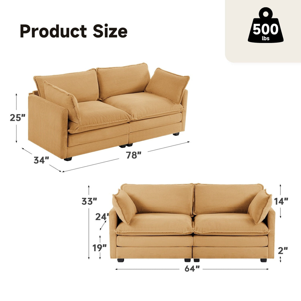 Canapé d'angle en velours côtelé avec poufs amovibles et coussins ultra-doux pour salon et chambre