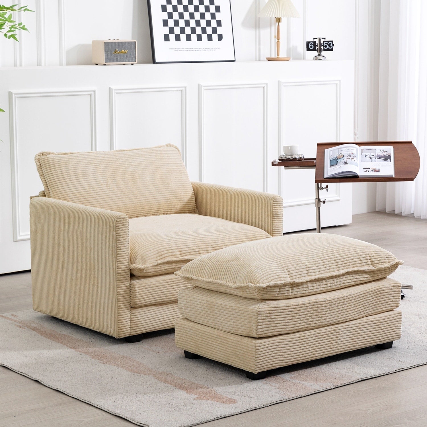 Canapé d'angle en velours côtelé avec poufs amovibles et coussins ultra-doux pour salon et chambre