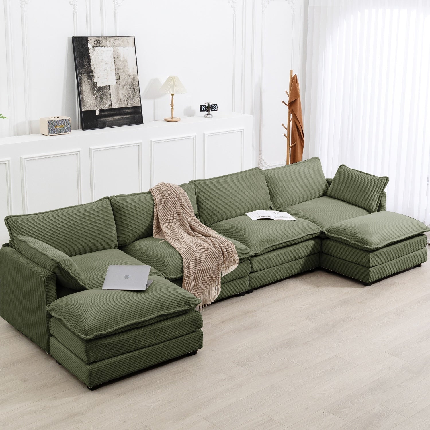 Canapé d'angle en velours côtelé avec poufs amovibles et coussins ultra-doux pour salon et chambre