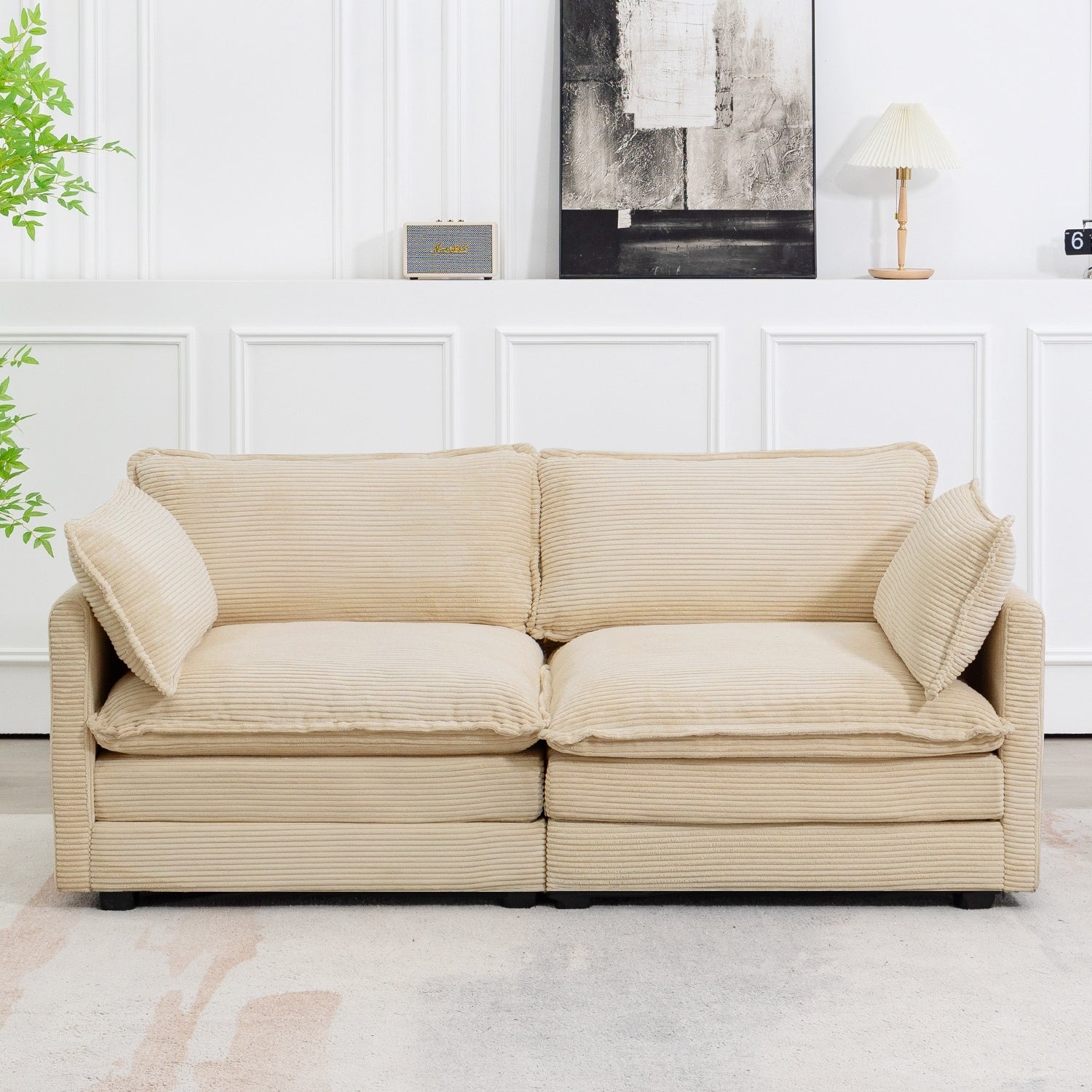 Canapé d'angle en velours côtelé avec poufs amovibles et coussins ultra-doux pour salon et chambre