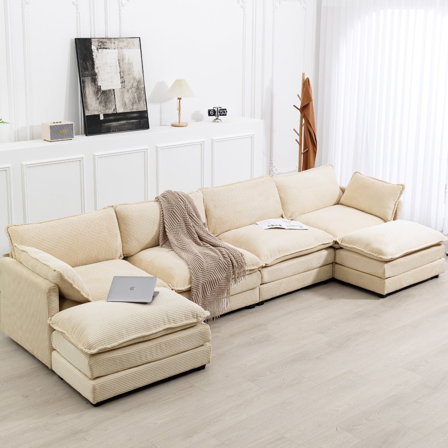 Canapé d'angle en velours côtelé avec poufs amovibles et coussins ultra-doux pour salon et chambre