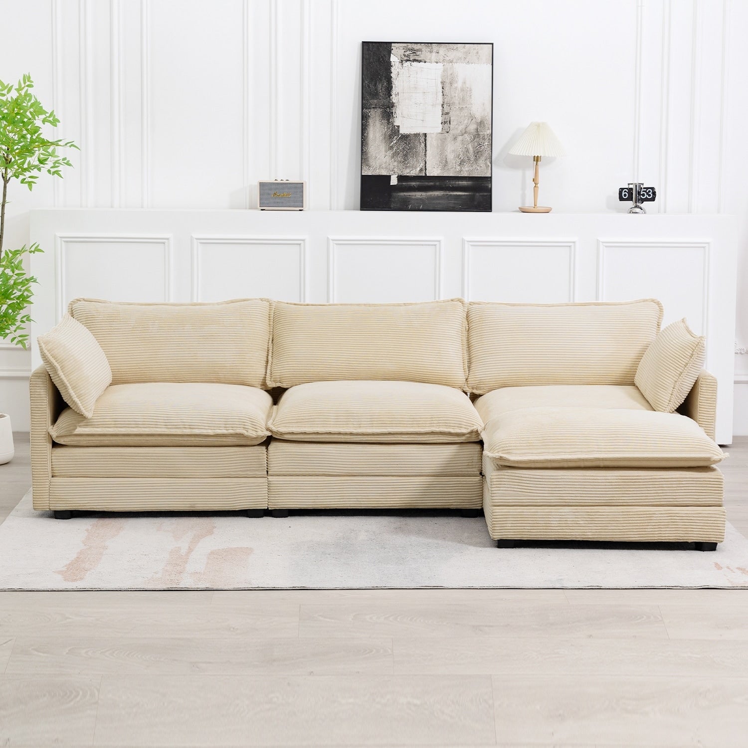 Canapé d'angle en velours côtelé avec poufs amovibles et coussins ultra-doux pour salon et chambre