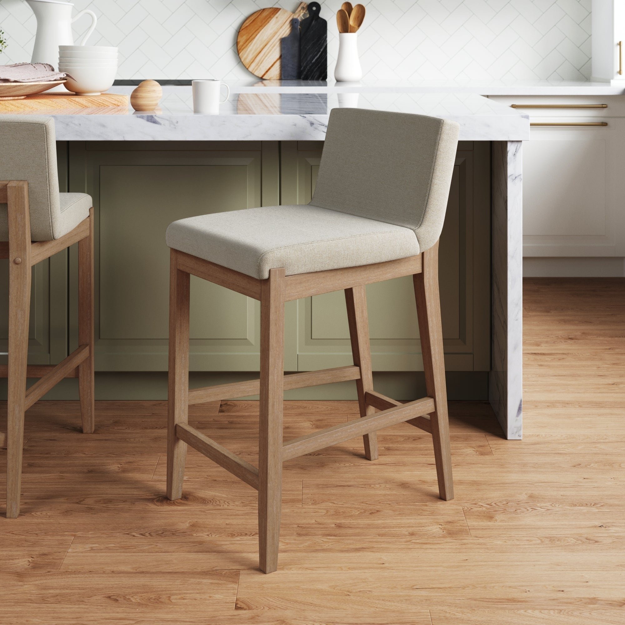 Tabouret de bar moderne Gracie, chaise rembourrée en tissu bouclé et pieds en bois brossé