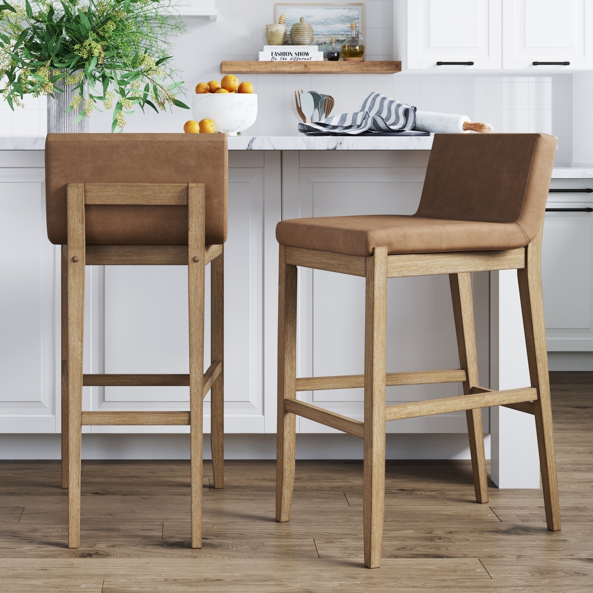 Tabouret de bar moderne Gracie, chaise rembourrée en tissu bouclé et pieds en bois brossé