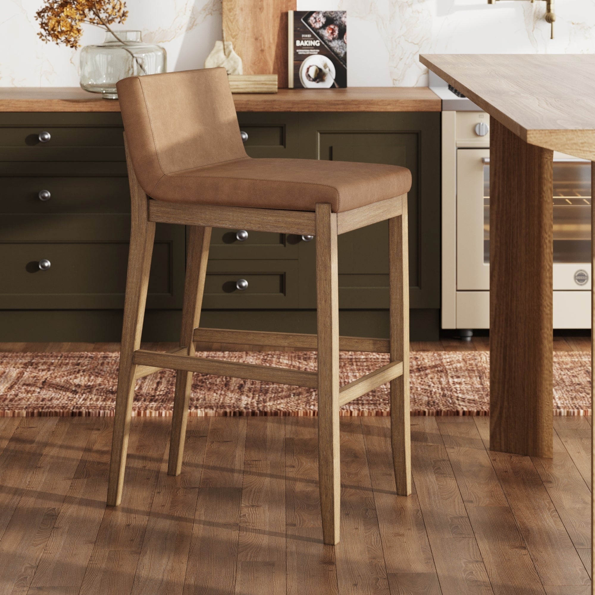 Tabouret de bar moderne Gracie, chaise rembourrée en tissu bouclé et pieds en bois brossé