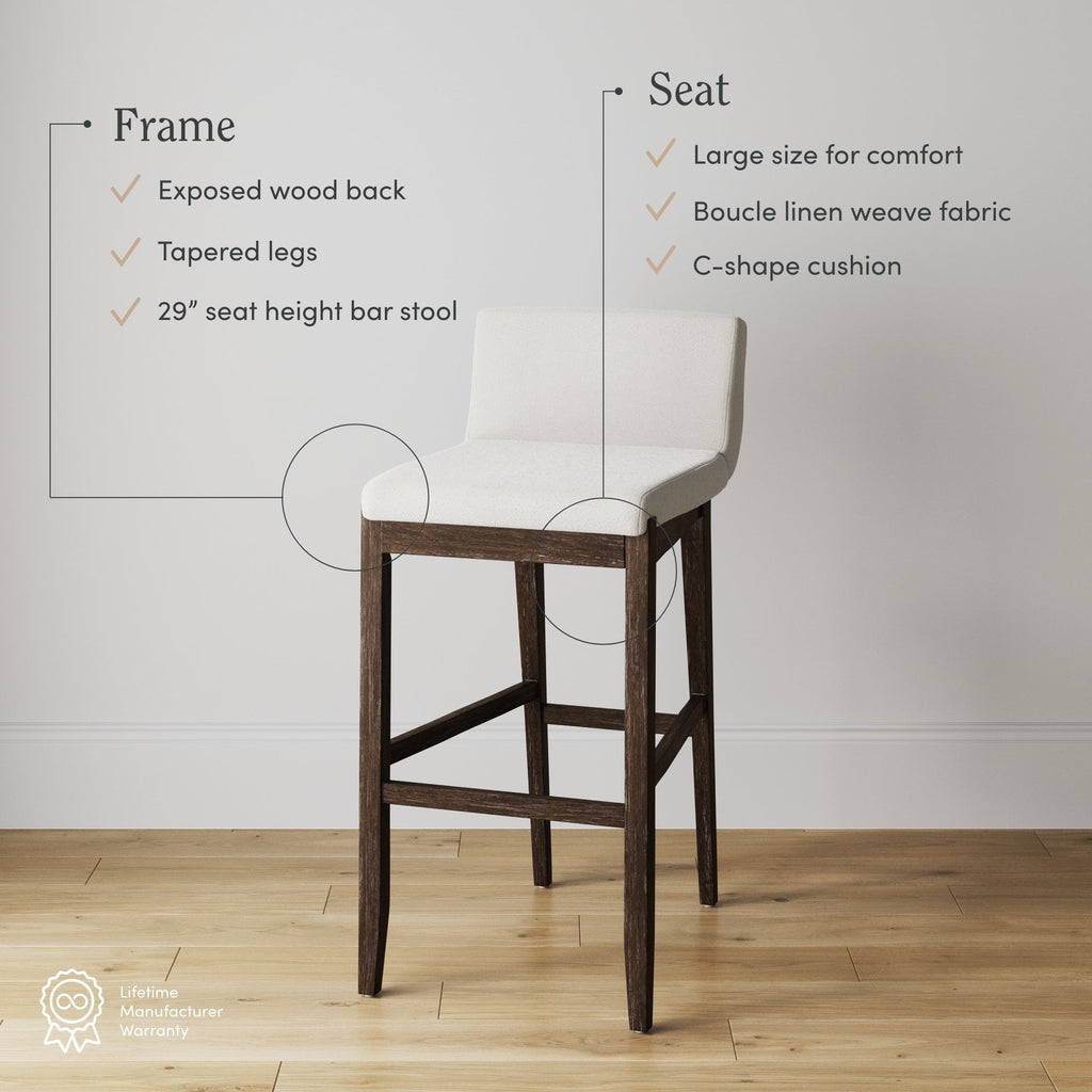 Tabouret de bar moderne Gracie, chaise rembourrée en tissu bouclé et pieds en bois brossé