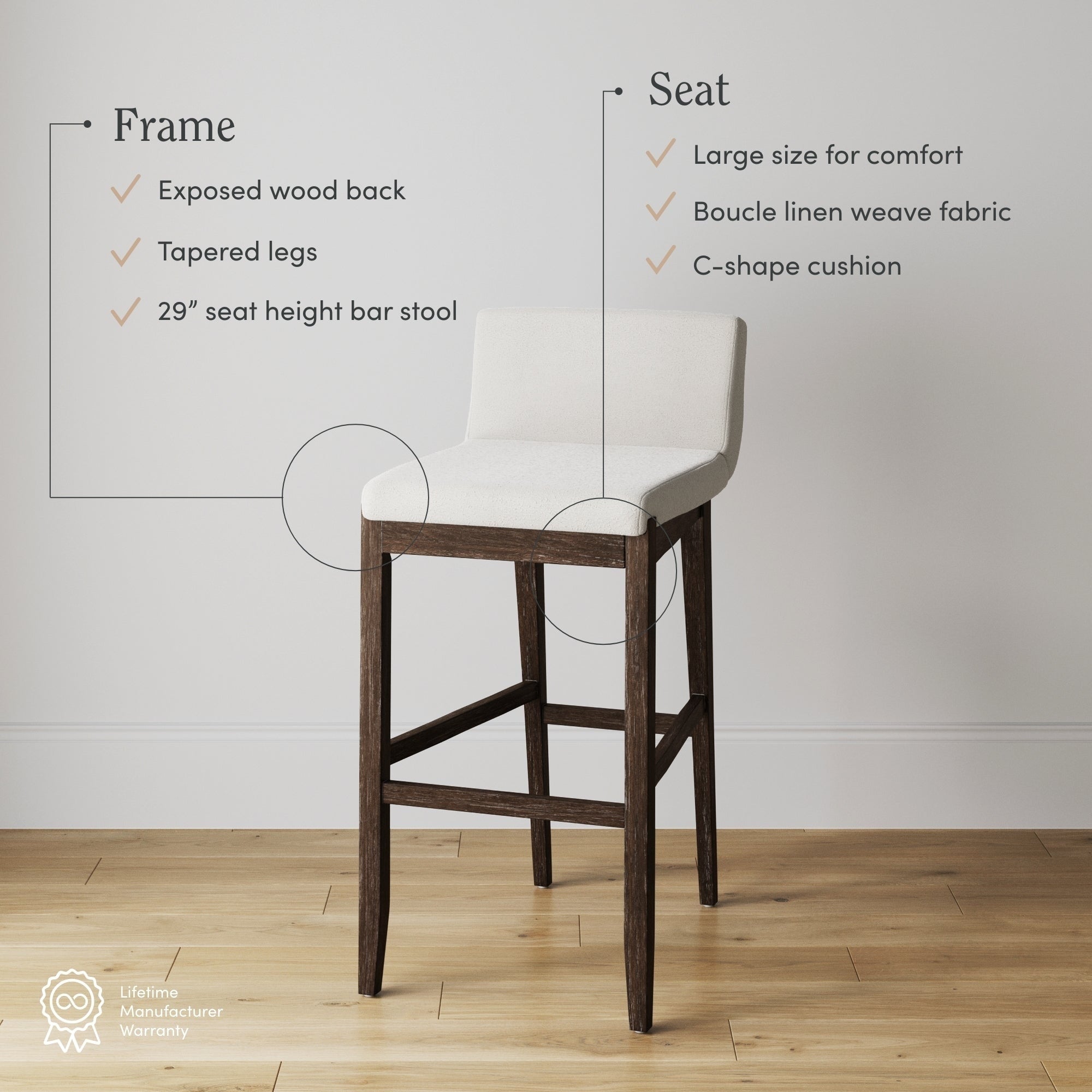 Tabouret de bar moderne Gracie, chaise rembourrée en tissu bouclé et pieds en bois brossé