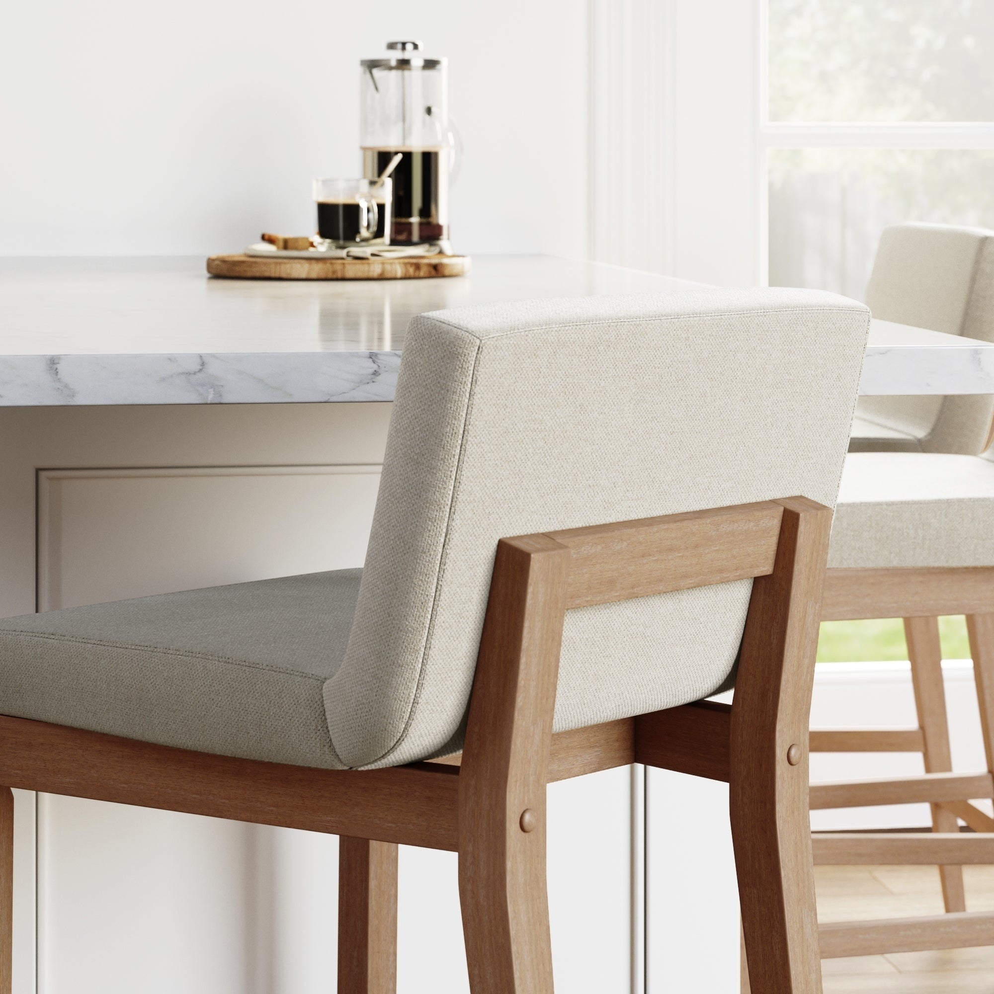 Tabouret de bar moderne Gracie, chaise rembourrée en tissu bouclé et pieds en bois brossé