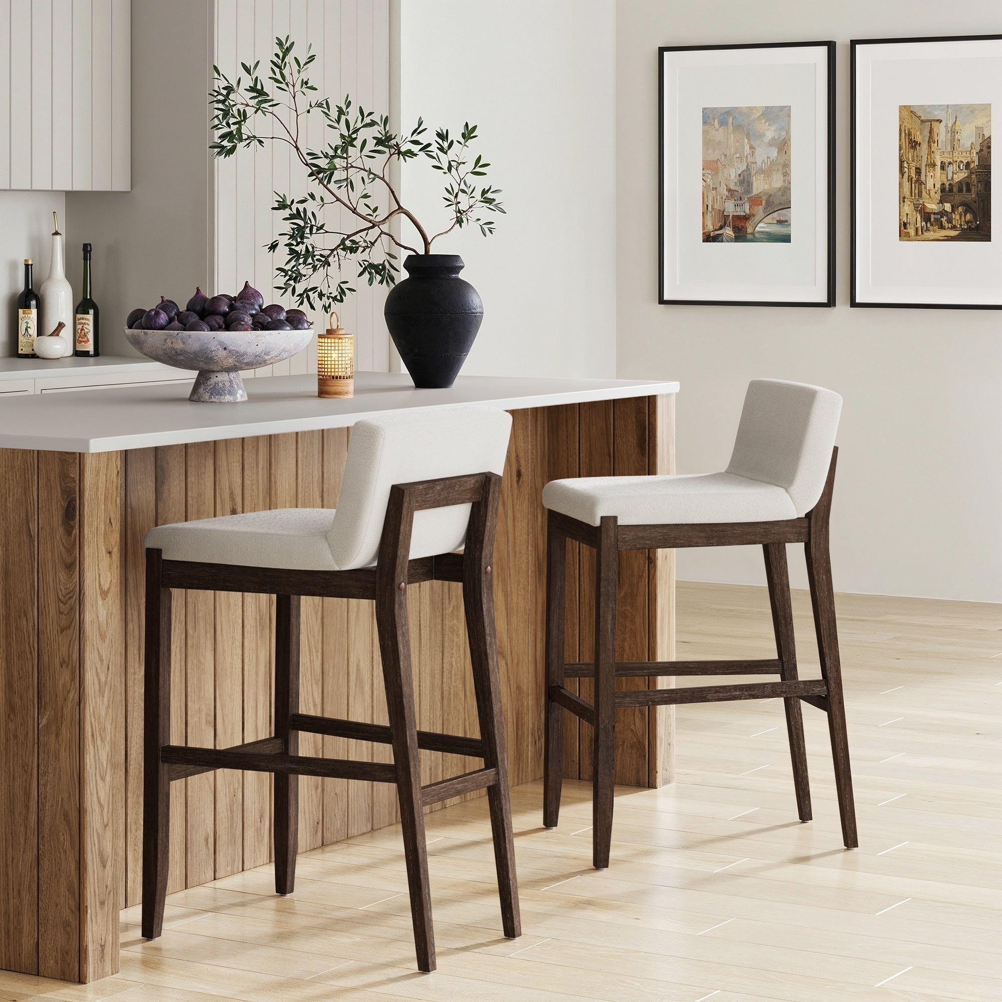 Tabouret de bar moderne Gracie, chaise rembourrée en tissu bouclé et pieds en bois brossé