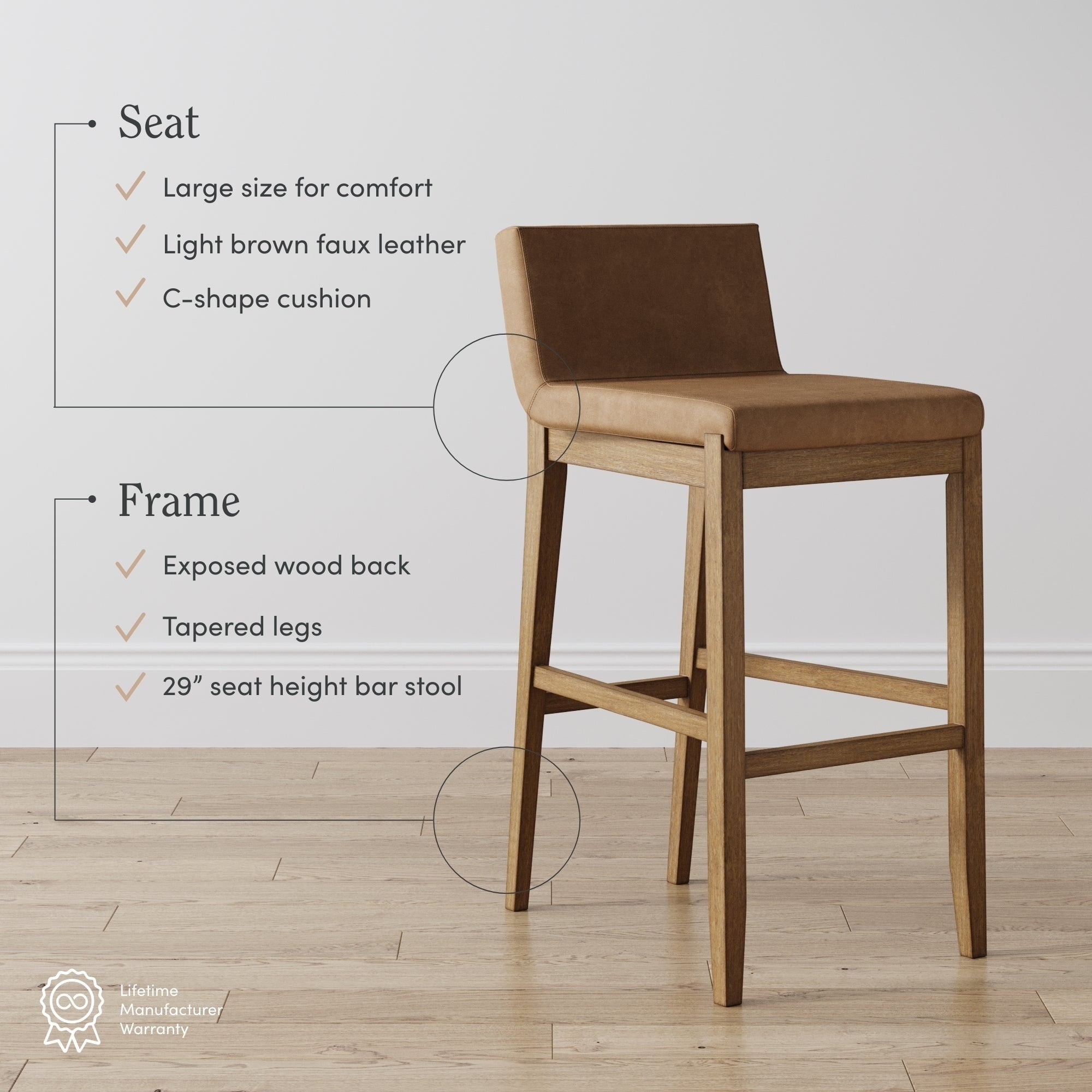 Tabouret de bar moderne Gracie, chaise rembourrée en tissu bouclé et pieds en bois brossé