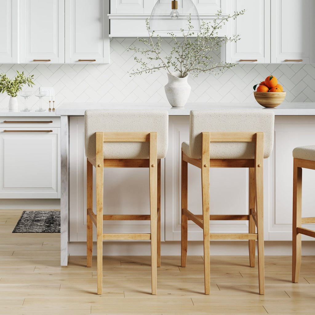 Tabouret de bar moderne Gracie, chaise rembourrée en tissu bouclé et pieds en bois brossé