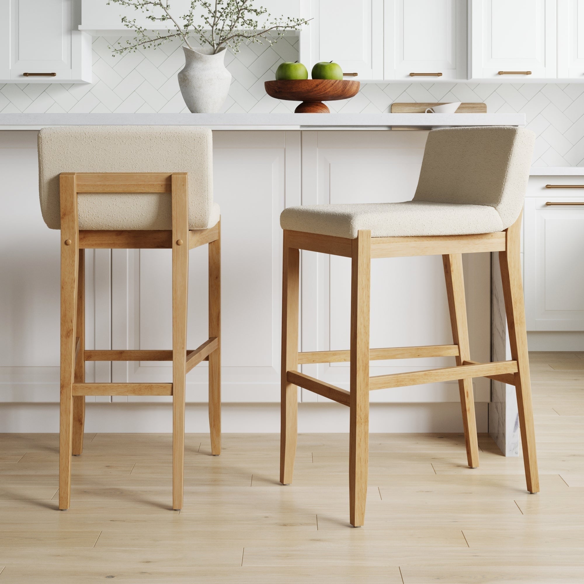 Tabouret de bar moderne Gracie, chaise rembourrée en tissu bouclé et pieds en bois brossé