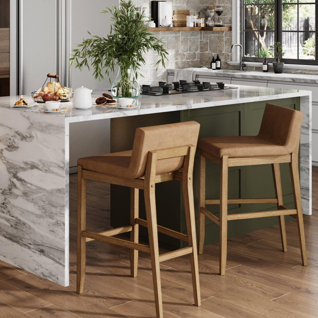 Tabouret de bar moderne Gracie, chaise rembourrée en tissu bouclé et pieds en bois brossé