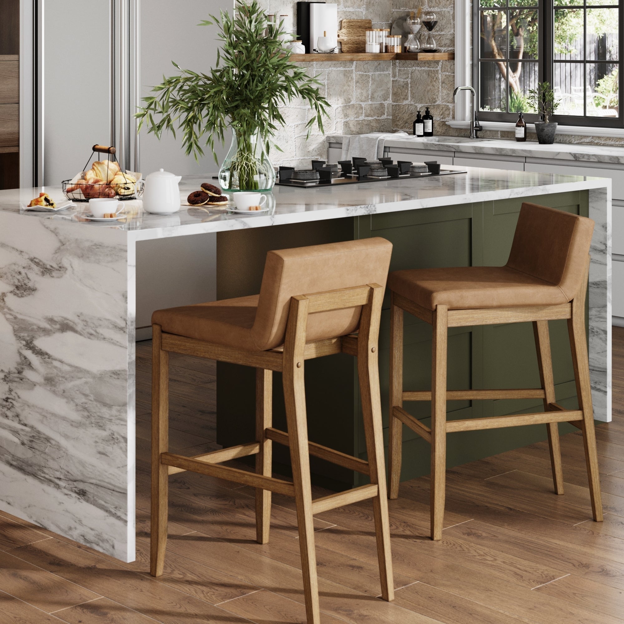 Tabouret de bar moderne Gracie, chaise rembourrée en tissu bouclé et pieds en bois brossé