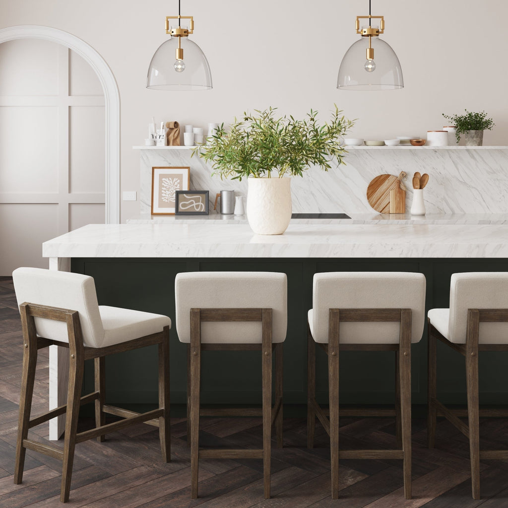 Tabouret de bar moderne Gracie, chaise rembourrée en tissu bouclé et pieds en bois brossé