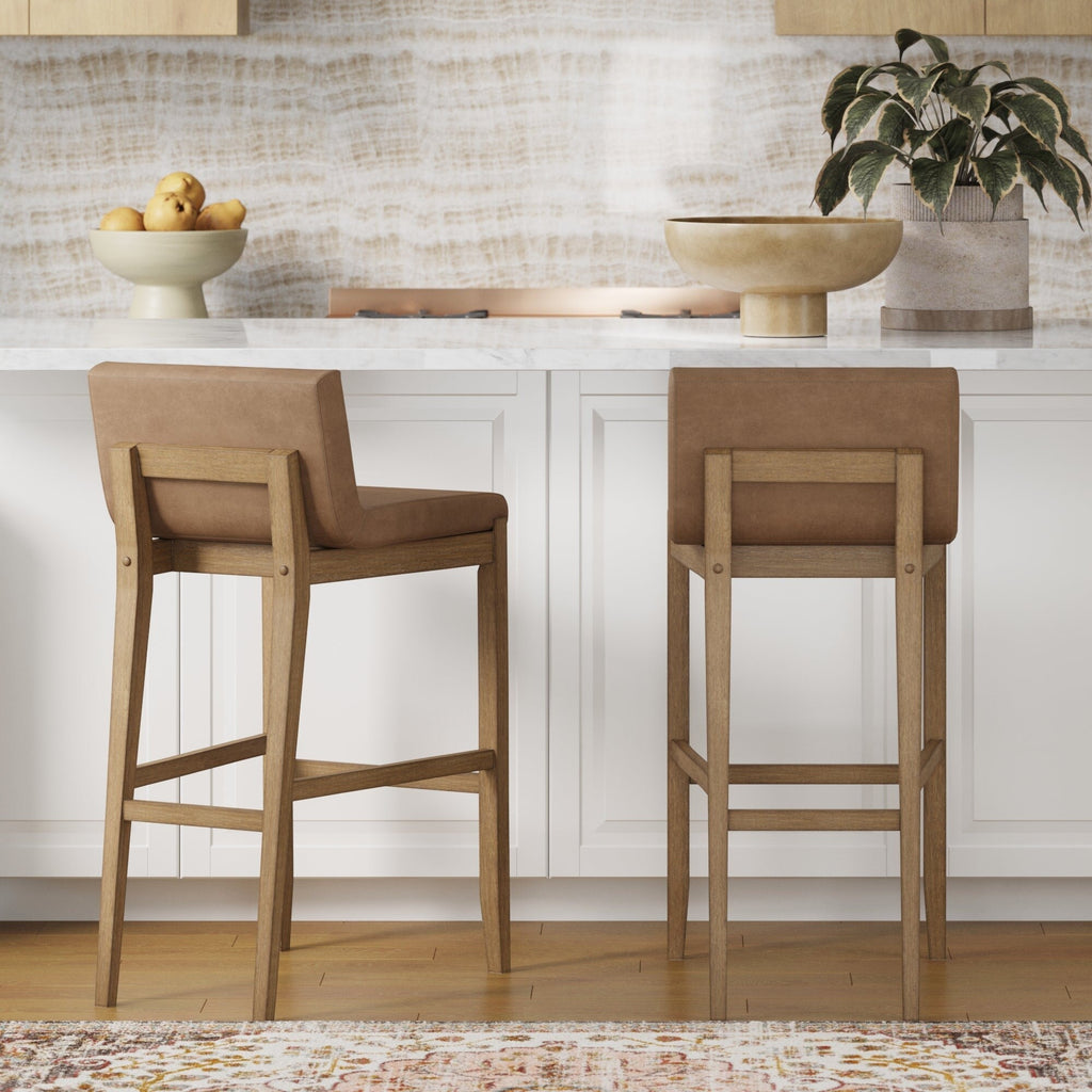 Tabouret de bar moderne Gracie, chaise rembourrée en tissu bouclé et pieds en bois brossé